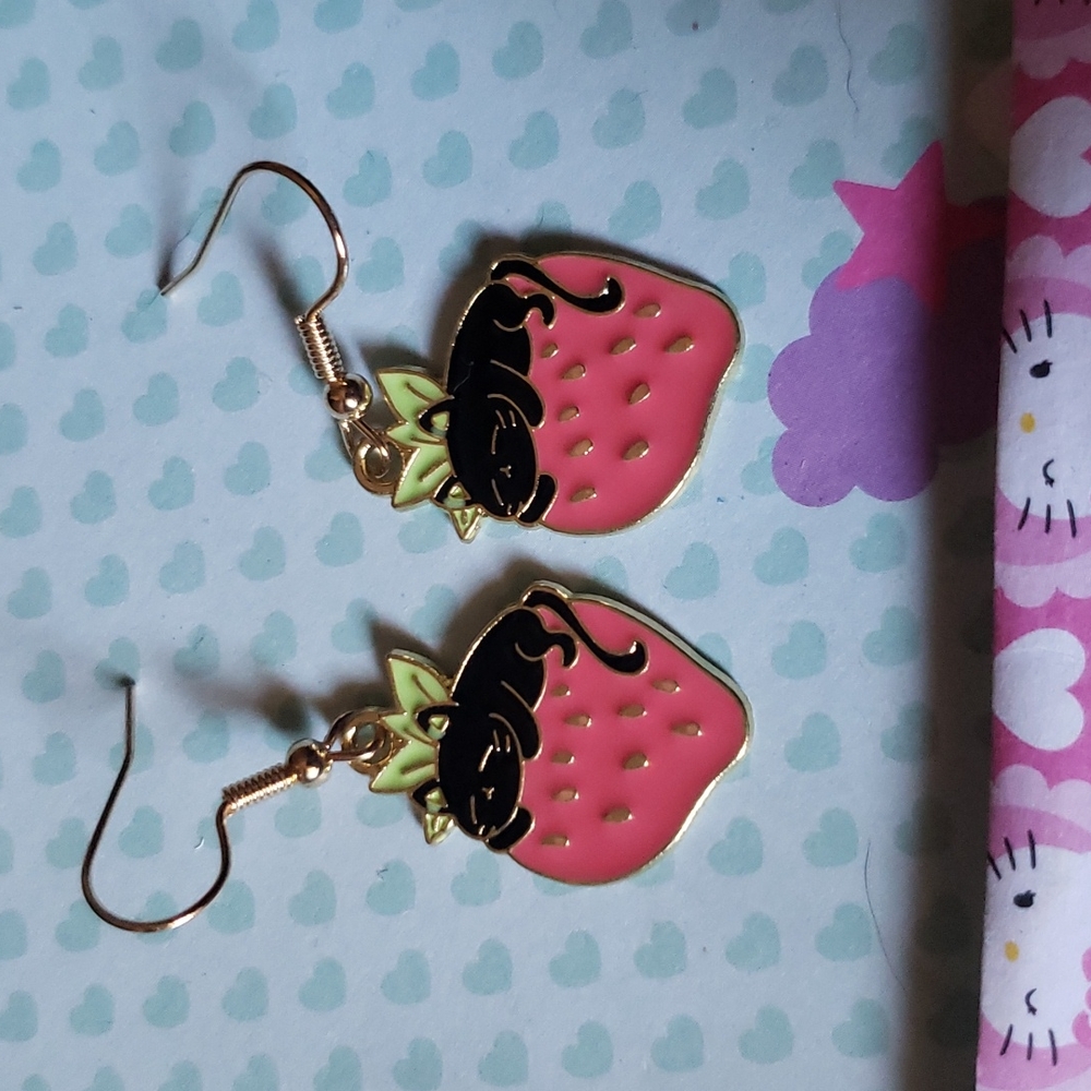 cat strawberry earrings